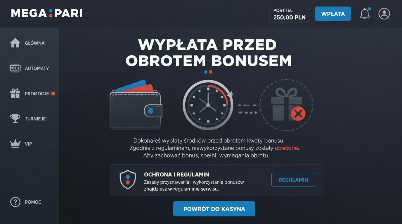 grafika pokazująca portfel, zegar i utracone bonusy z wyraźnym napisem „Wypłata przed obrotem bonusem”
