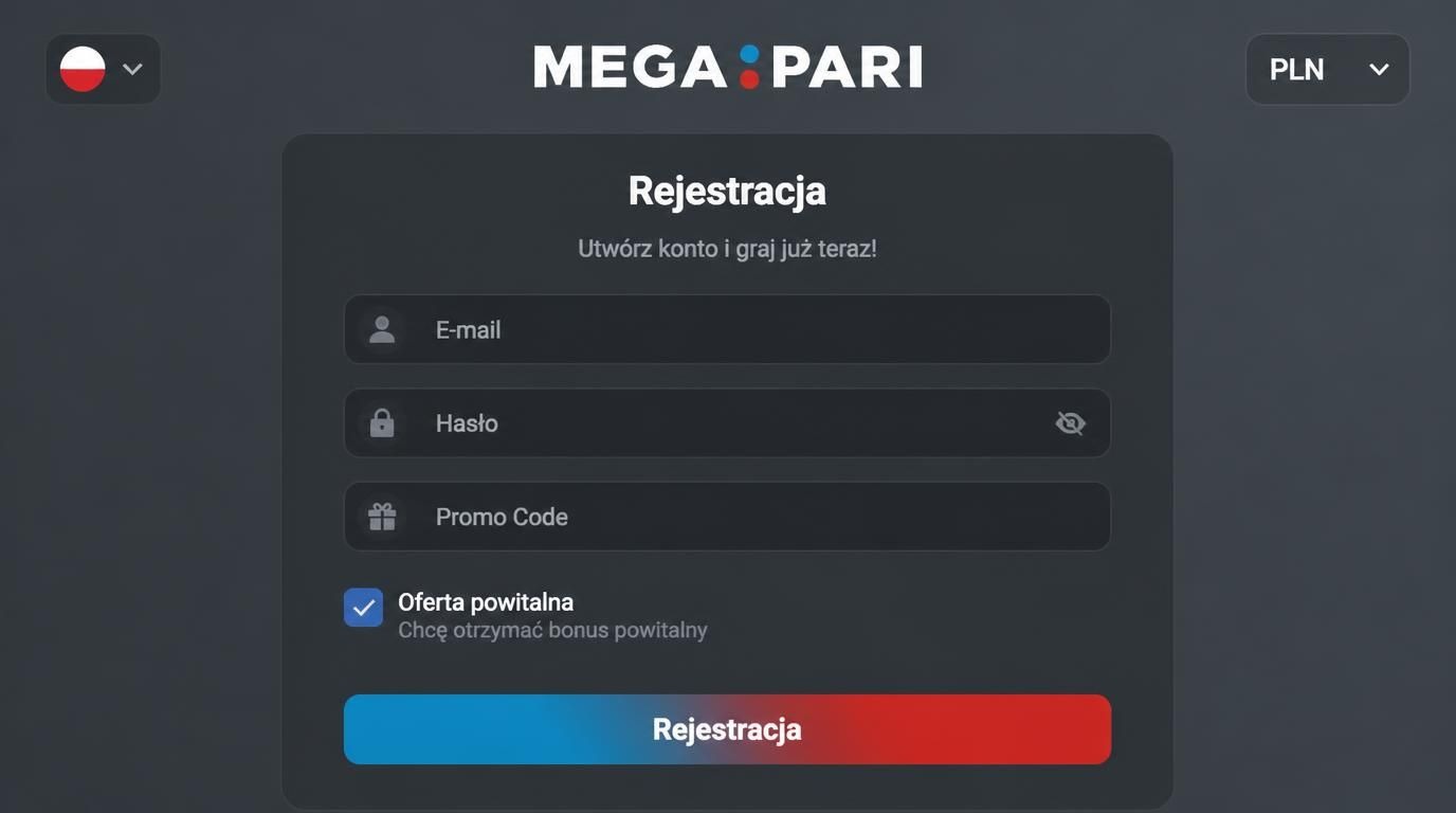 Formularz rejestracyjny Megapari z polem kodu promocyjnego i opcją bonusu.