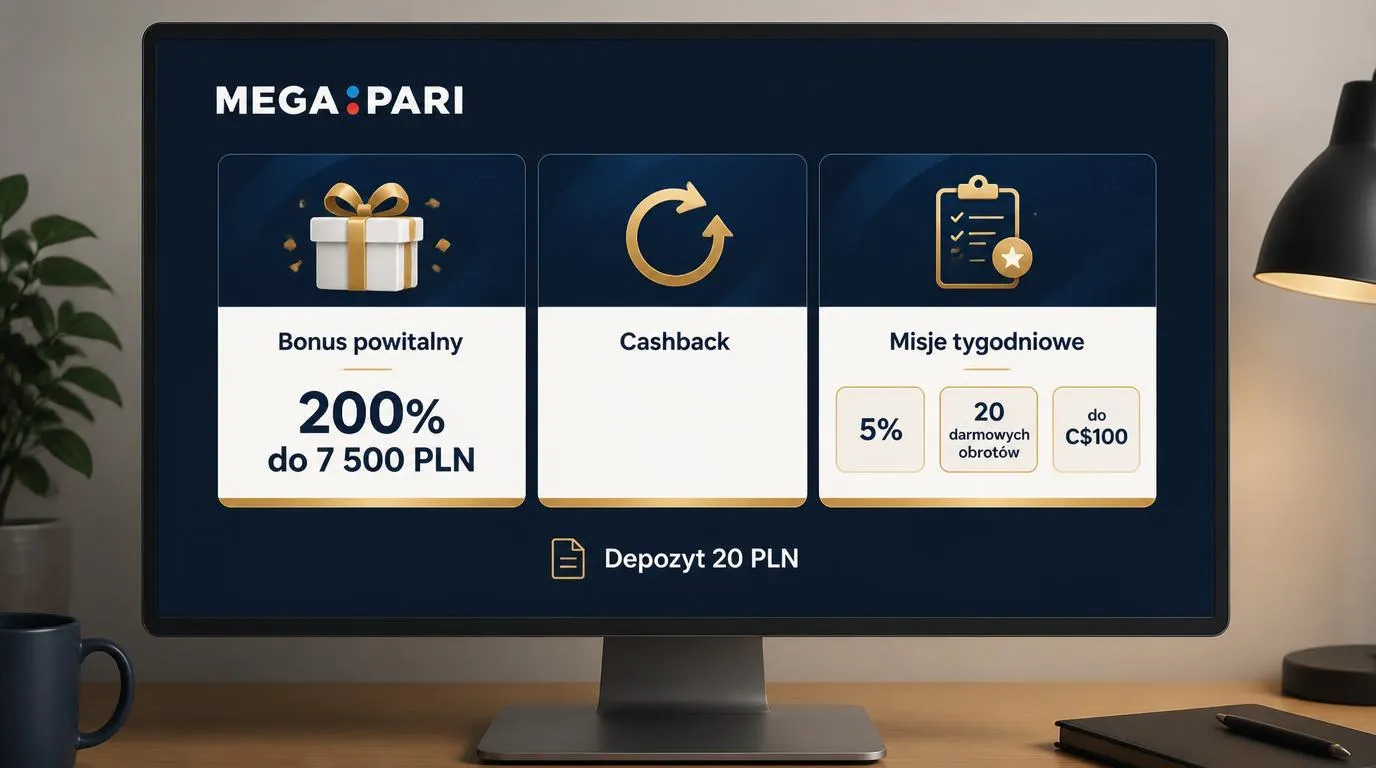 Panel ofert kasynowych z bonusem 200% do 7 500 PLN, nagrodami tygodniowymi i minimalnym depozytem 20 PLN