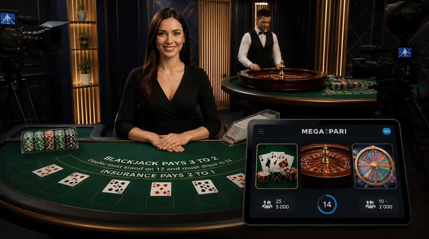 Krupierka przy stole blackjacka, koło ruletki i ekran lobby kasyna na żywo z limitami stołów