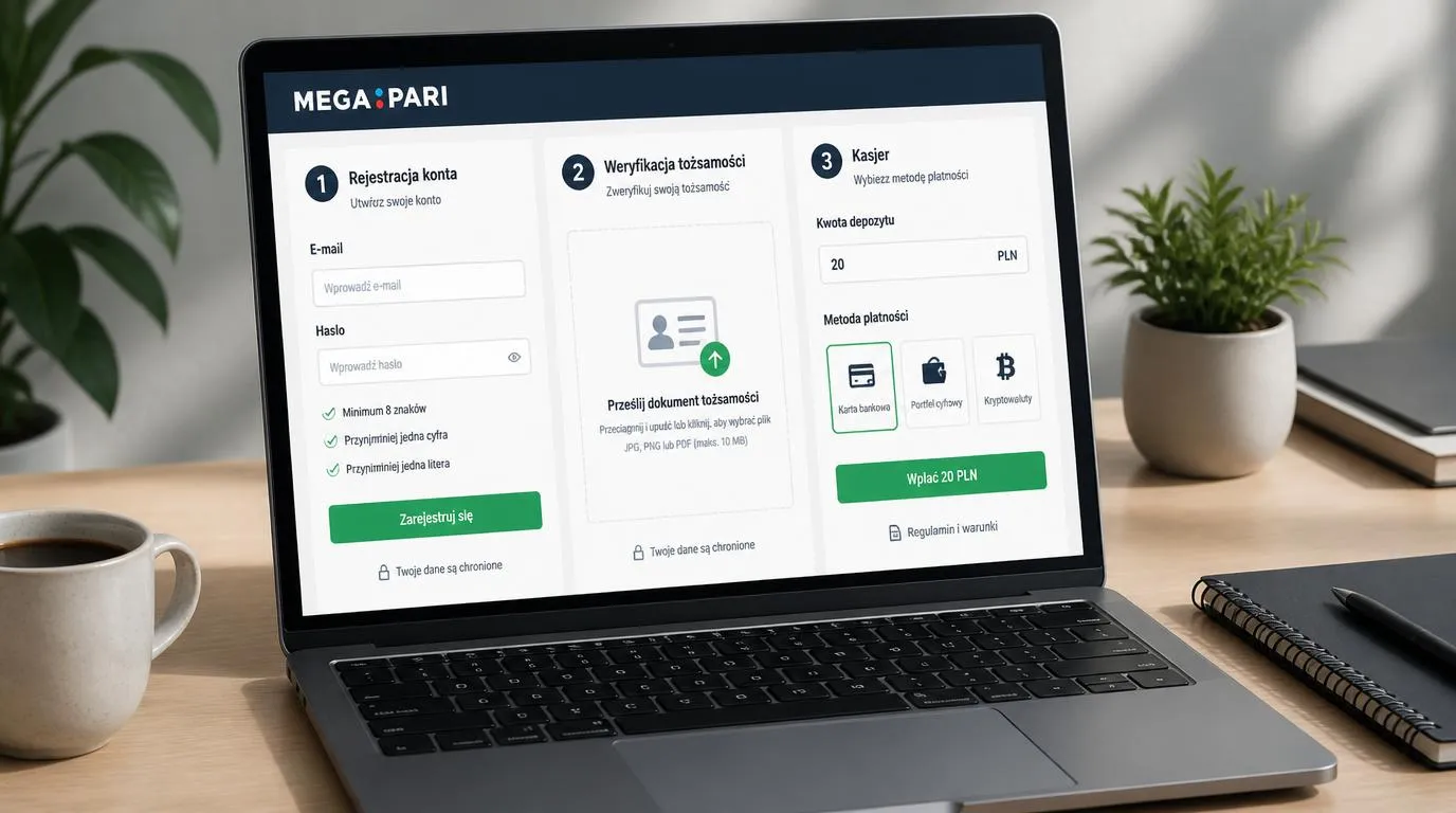 Laptop z formularzem rejestracji, panelem weryfikacji tożsamości i kasą z wyborem metody wpłaty