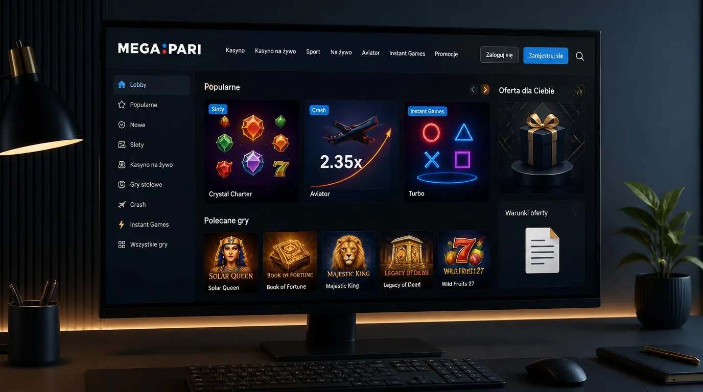 Panel kasyna z kafelkami automatów i gier crash oraz uporządkowaną sekcją warunków promocji